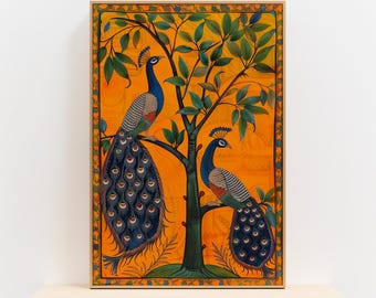 Colorful Peacocks & Tree Madhubani Art Print, Stunning Traditional Folk Artwork for Unique Indian Home Decor, Beautiful Thoughtful Gift