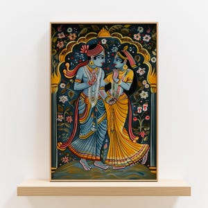 Radha Krishna Painting Style Art, Traditional Madhubani Print showcasing Beautiful Hindu God, Charming Indian Poster Wall Decor & Gift Idea