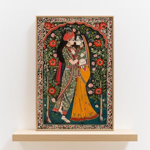 Radha Krishna Painting Style Poster, Traditional Madhubani Print Wall Art, Great Hindu God Themed Gifts & Cultural Home Decor Enhancement imagen 1