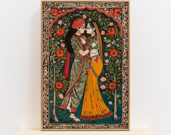 Radha Krishna Painting Style Poster, Traditional Madhubani Print Wall Art, Great Hindu God Themed Gifts & Cultural Home Decor Enhancement