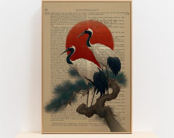 Wabi Sabi Japanese Red Sun Crane Art Print, Vintage Book Page Japandi Wall Decor