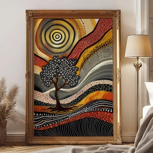 Indigenous Australian Painting Style Print, Aboriginal Meadow with Gold Sun, Large Aboriginal Dot Art, Cultural Wall Art for Modern Home