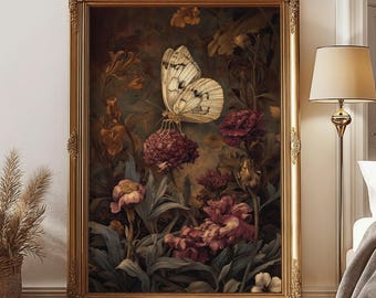 Victorian Gothic Wall Art, Moody Floral Print, Dark Academia Butterfly, Botanical Vintage Decor