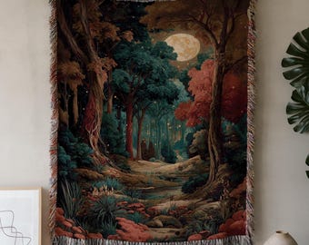 Enchanted Forest Woven Jacquard Blanket – 100% Cotton William Morris Style Tapestry, Gothic Nature Woodland Throw for Dark Academia Decor