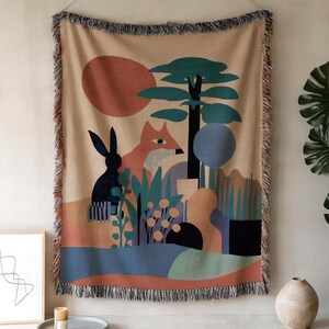 Modern Jacquard Fox Blanket, Mid Century Modern Throw Blanket, Scandi Textile Art, Cotton Boho Wall Hanging