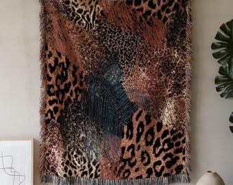 Jeté tissé à imprimé animal - Tapisserie jacquard à motif léopard à accrocher au mur pour chambre à coucher, décoration de salon