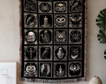 Minimal Gothic Woven Blanket, Spooky Gothic Throw, Black Cat Blanket, Gothic Skull Decor, Dark Academia Throw, Woven Wall Tapestry