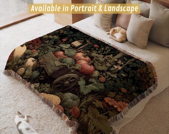 Couverture tissée citrouilles d'automne 100 % coton, jeté jacquard récolte d'automne, décoration d'Halloween gothique et cottage, tapisserie murale confortable récolte