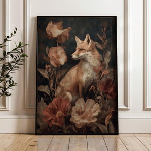 Red Fox Animal Wall Art Print with Vintage Flowers in Castlecore Dark Academia Cottagecore Style for Woodland Gothic Nature Decor