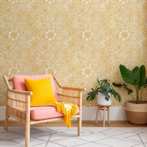 Amber Peel & Stick Marigold William Morris Wallpaper, Art Nouveau Yellow Botanical Floral Design for Modern and Historic Homes