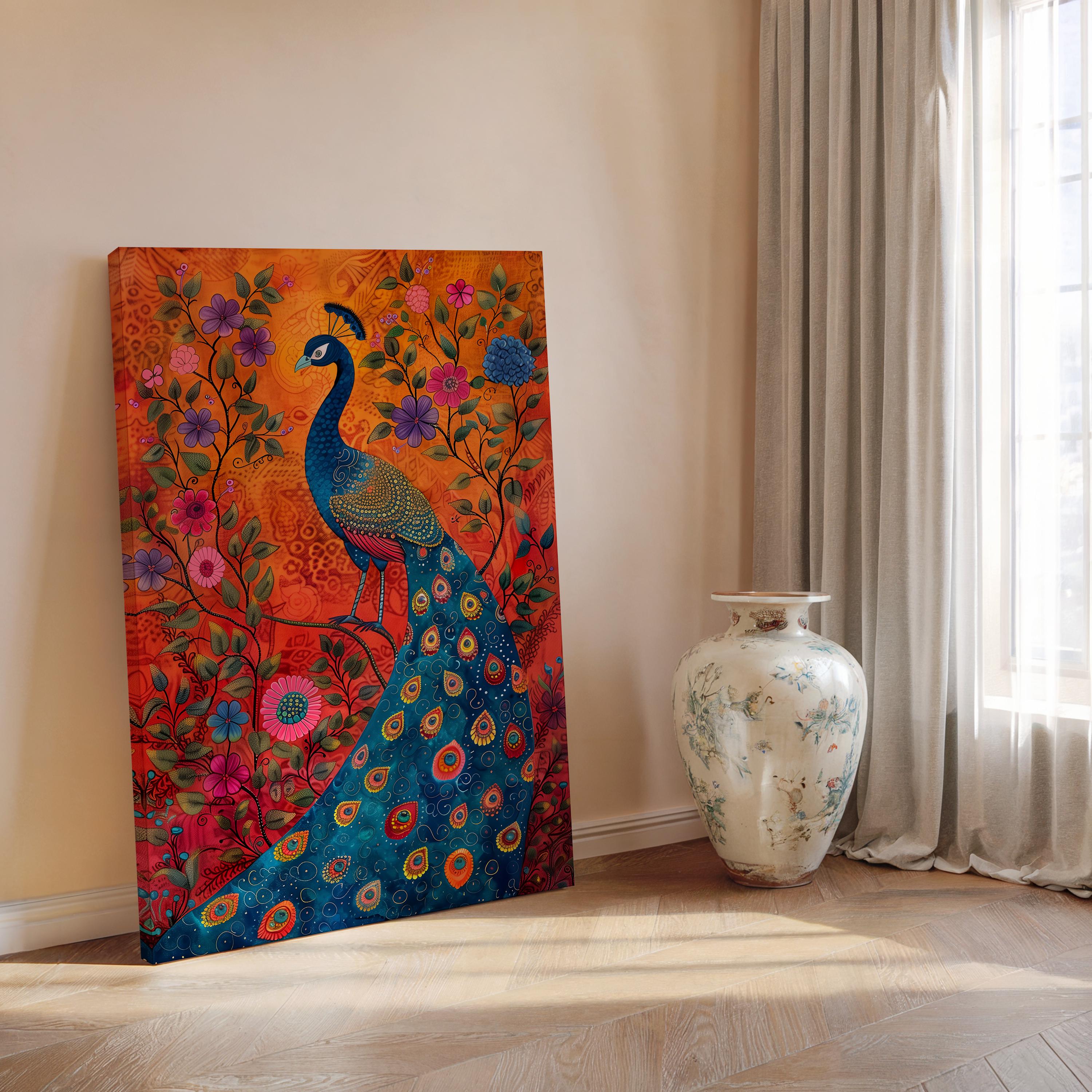 Indian Folk Art Style Peacock and Flowers Print on Canvas, Colorful ...