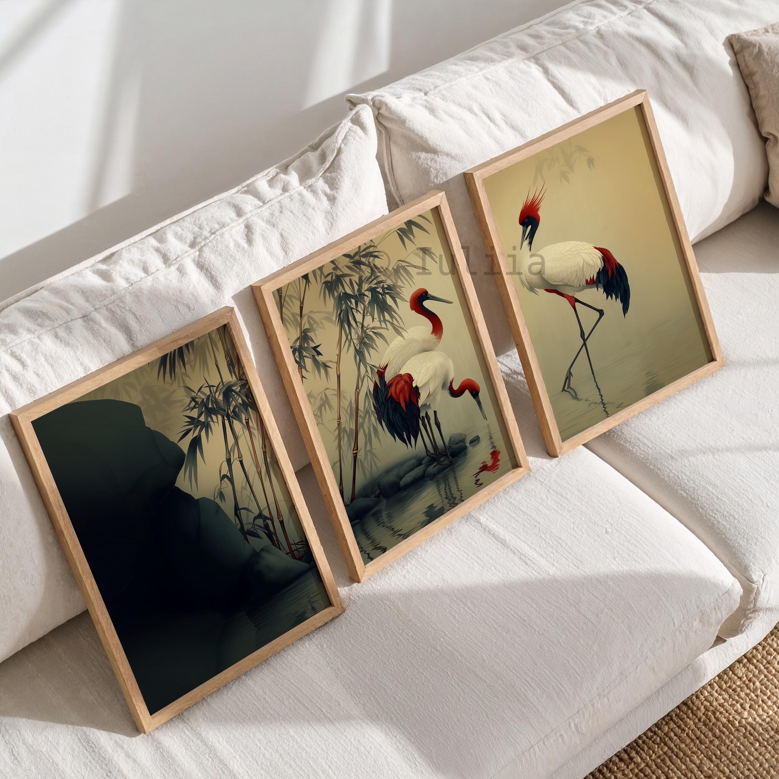 Japanese Crane Art Triptych – Asian Nature Wall Decor Trio, Minimalist ...