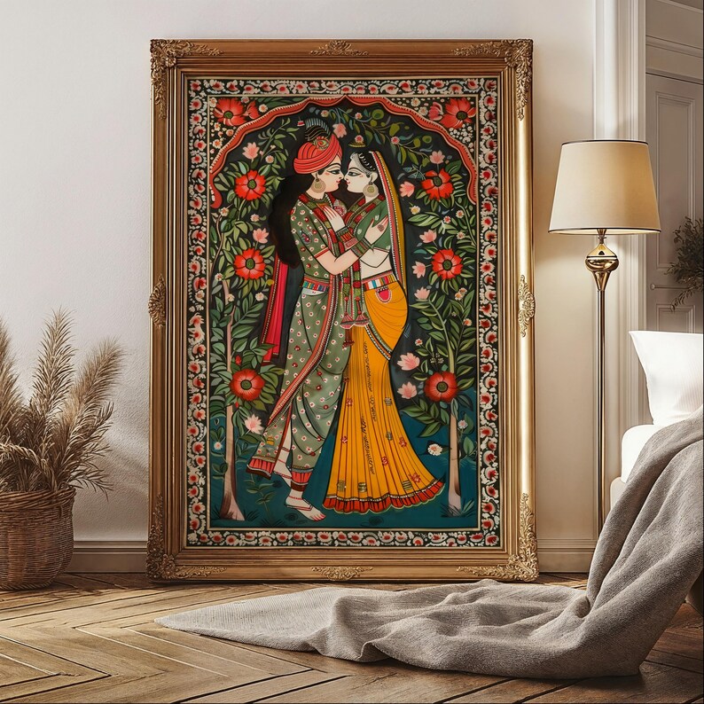 Radha Krishna Painting Style Poster, Traditional Madhubani Print Wall Art, Great Hindu God Themed Gifts & Cultural Home Decor Enhancement, Image 3