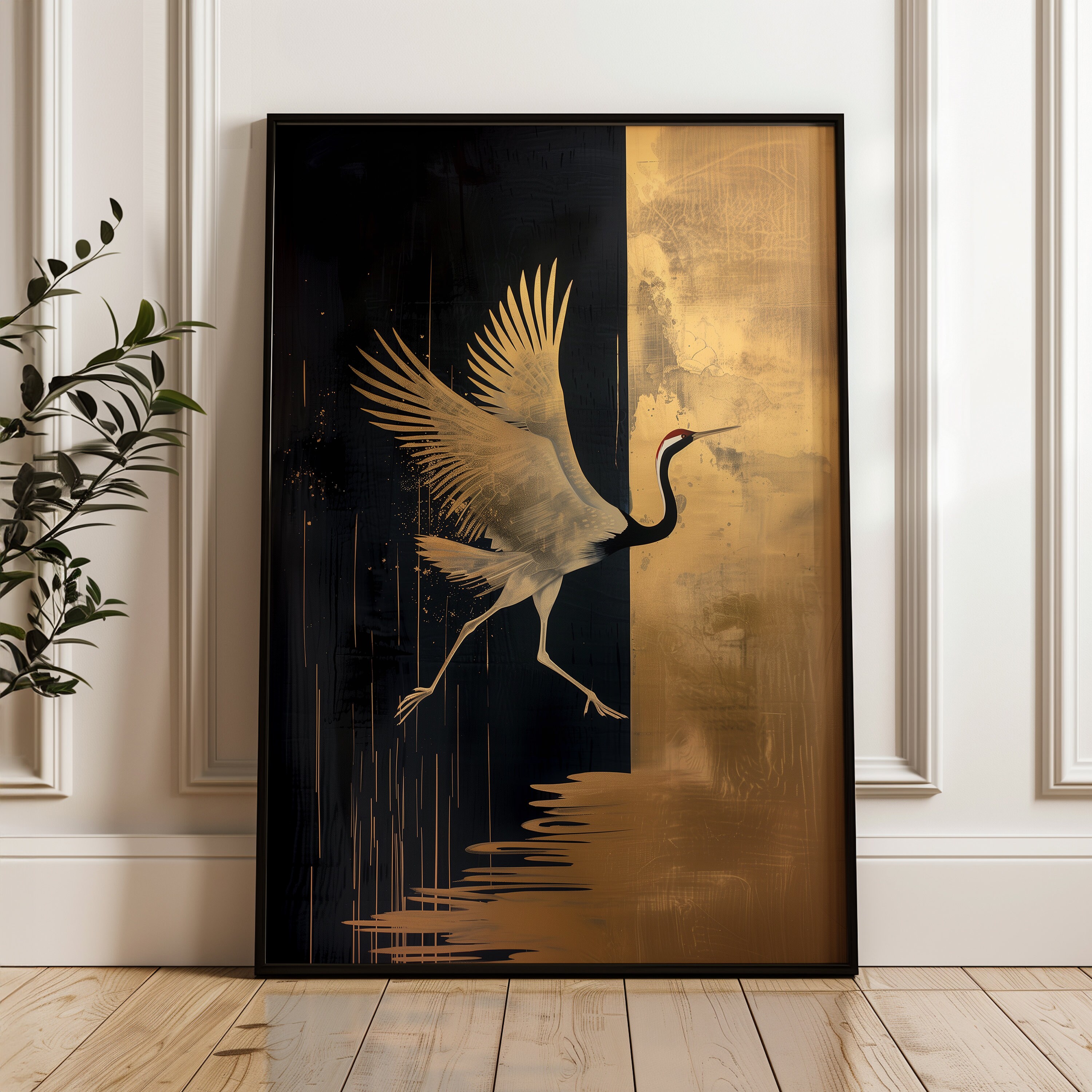 DIGITAL Black & Gold Japanese Cranes Art, Japandi Crane