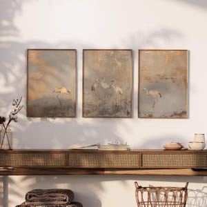 Set of 3 Beige & Gold Japanese Wall Art, Trio Minimalist Prints for ...