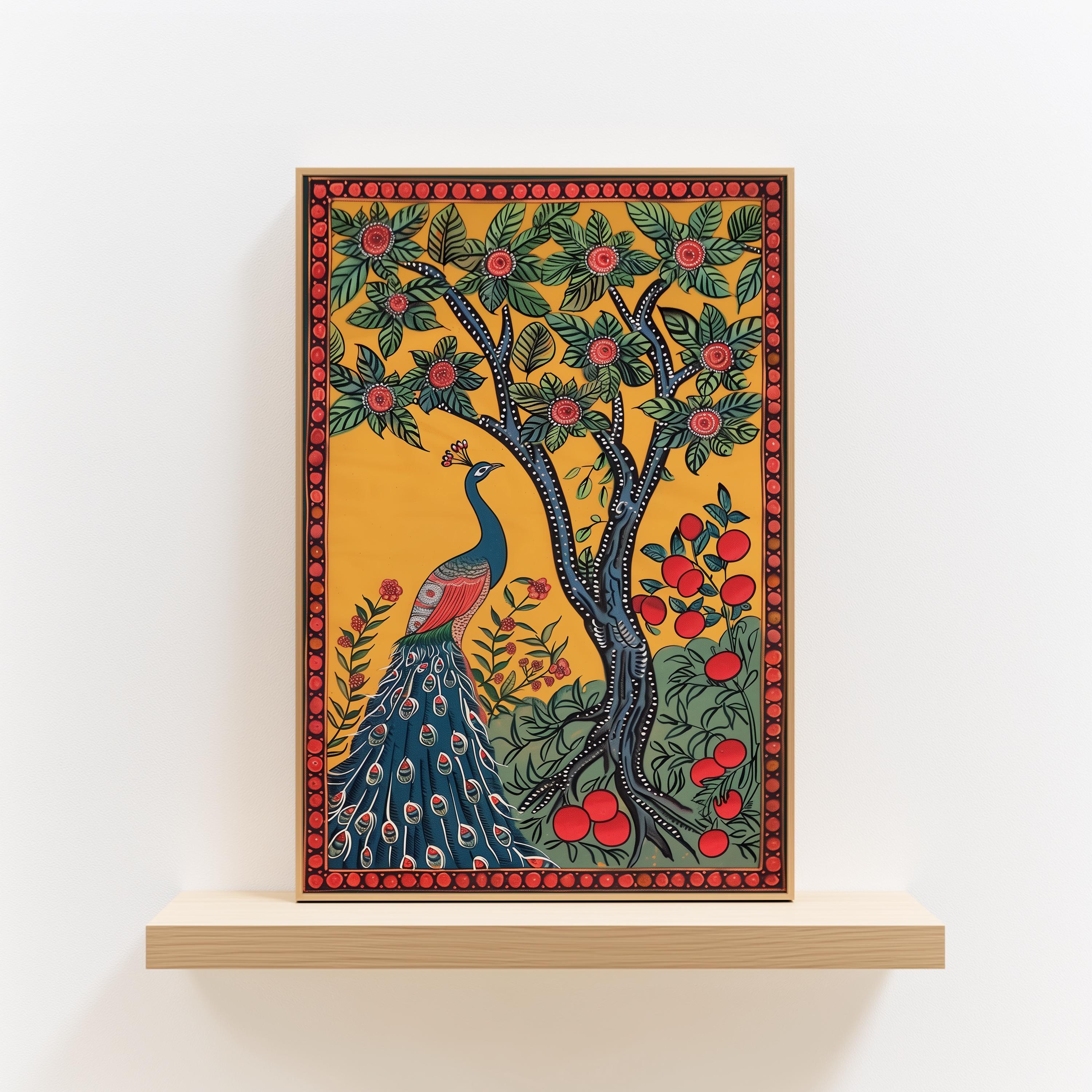 Peacock and Mango Tree Madhubani Wall Art, Beautiful Indian Artwork for ...
