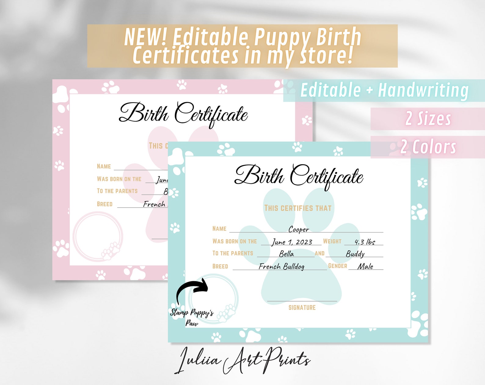 Puppy Birth Certificate Printable, Dog Birth Certificate, Pet Birth ...