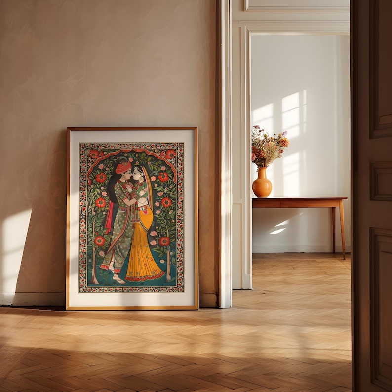 Radha Krishna Painting Style Poster, Traditional Madhubani Print Wall Art, Great Hindu God Themed Gifts & Cultural Home Decor Enhancement, Image 6