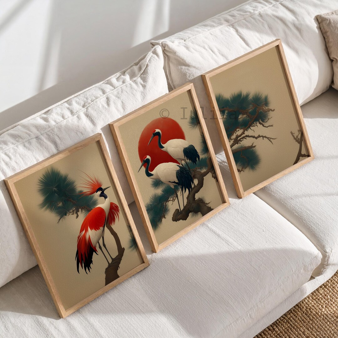 Three Panel Japanese Crane Wall Art Set of 3, Oriental Triptych Prints ...