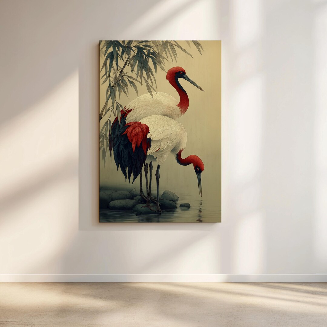 Red Crowned Cranes Canvas Print: Japanese Bamboo Asian Wall Art - Etsy
