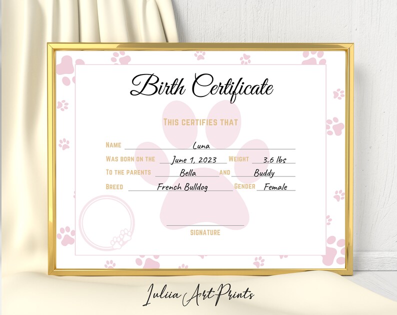 Editable Puppy Birth Certificate Printable Dog Birth Certificate - Etsy