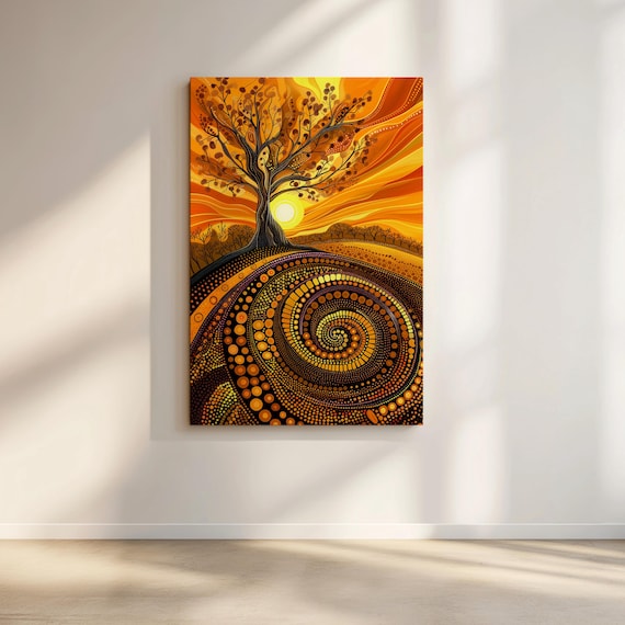 Aboriginal Dot Art Tree Canvas, Australian Dreamtime Sunset Landscape for Warm Home Decor