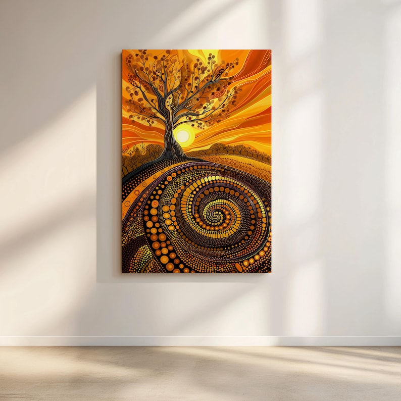 Aboriginal Dot Art Tree Canvas, Australian Dreamtime Sunset Landscape for Warm Home Decor image 1