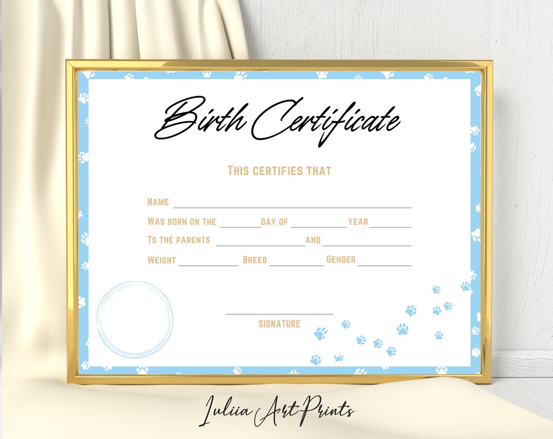 Pet Birth Certificate Printable Dog Birth Certificate Puppy - Etsy