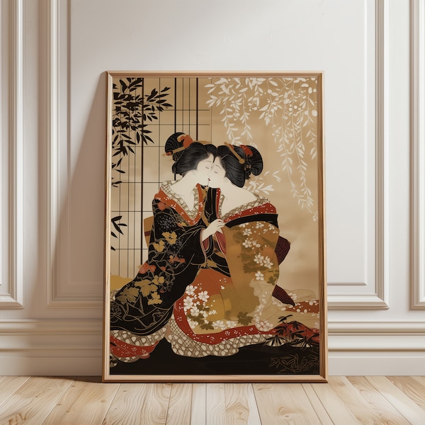 Authentic Shunga Prints, Edo Period Geishas Kissing Artwork, Ukiyo-e Woodblock for Japanese Art Collectors, Perfect Gift for Art Lovers