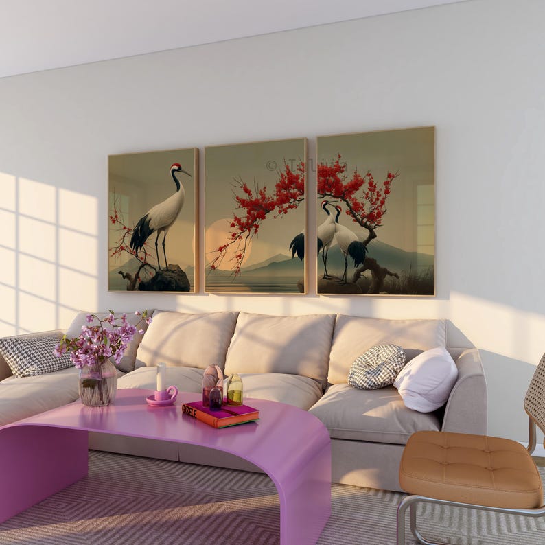Japanese Crane Triptych Wall Art Set – Chinese Bird Three Panel Print ...