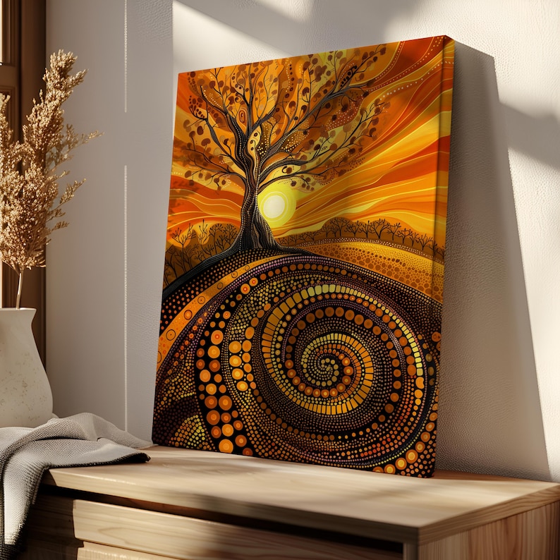 Aboriginal Dreamtime Art Canvas, Authentic Australian Indigenous Style Artwork, Contemporary Sunset Wall Art for Home Decor, Unique Gift, Image 2