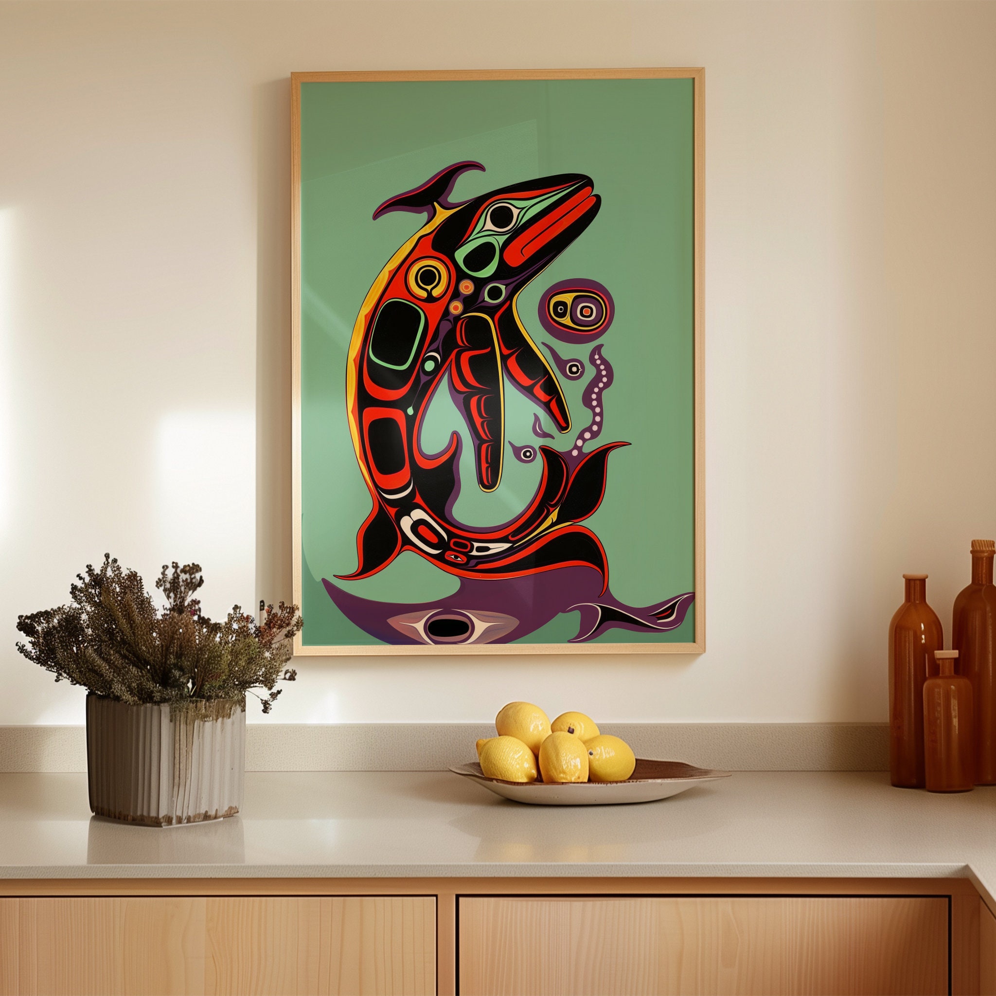 Colorful Canadian Indigenous Poster, Salmon Aboriginal Artwork Canada Print, Decorative Art for