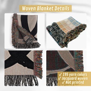 The image is a collage of four images showcasing different woven blankets, each with unique color and texture patterns.