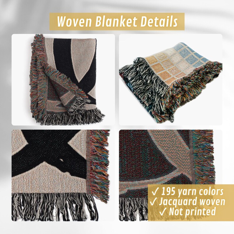 The image is a collage of four images showcasing different woven blankets, each with unique color and texture patterns.