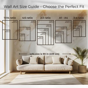 Wall art size guide showing common print ratios and placement above a 90 inch or 229 cm sofa. The diagram compares several artwork proportions and size options to help choose an appropriate format for framed prints, triptych wall art, gallery wall sets and 3 piece wall art displayed above large furniture.