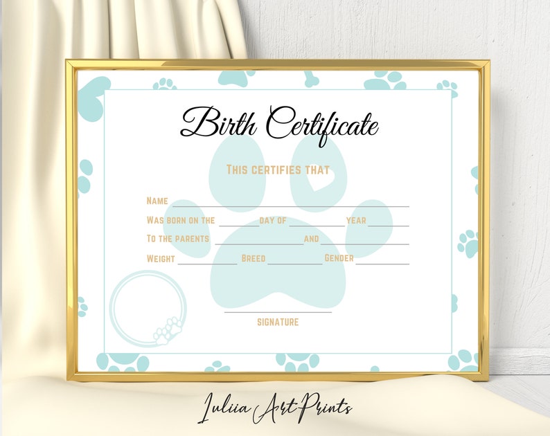 Puppy Birth Certificate Printable Dog Birth Certificate Pet - Etsy