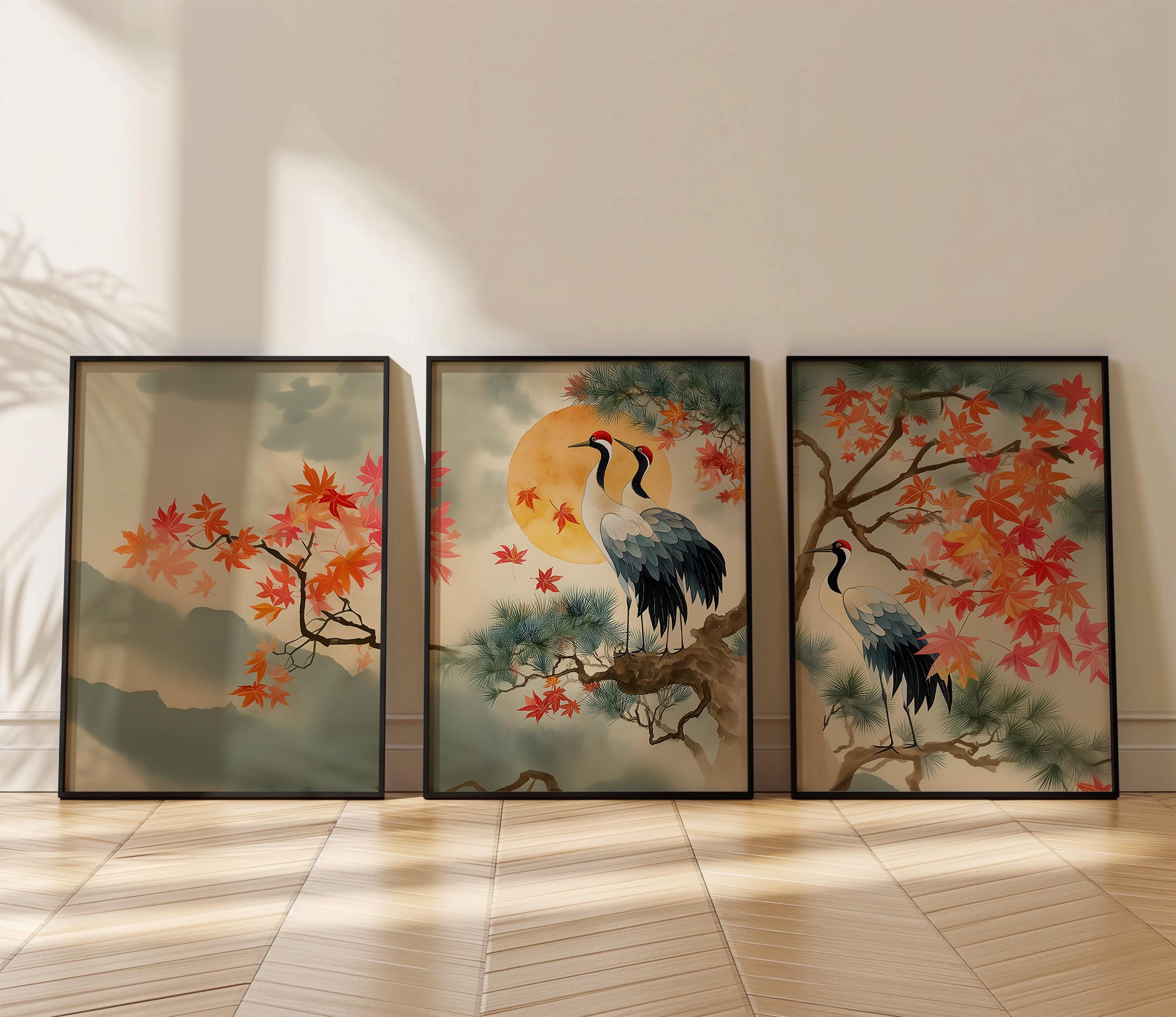 Fall Set of 3 Japanese Crane Prints – Autumn Maple Leaves Triptych Wall ...