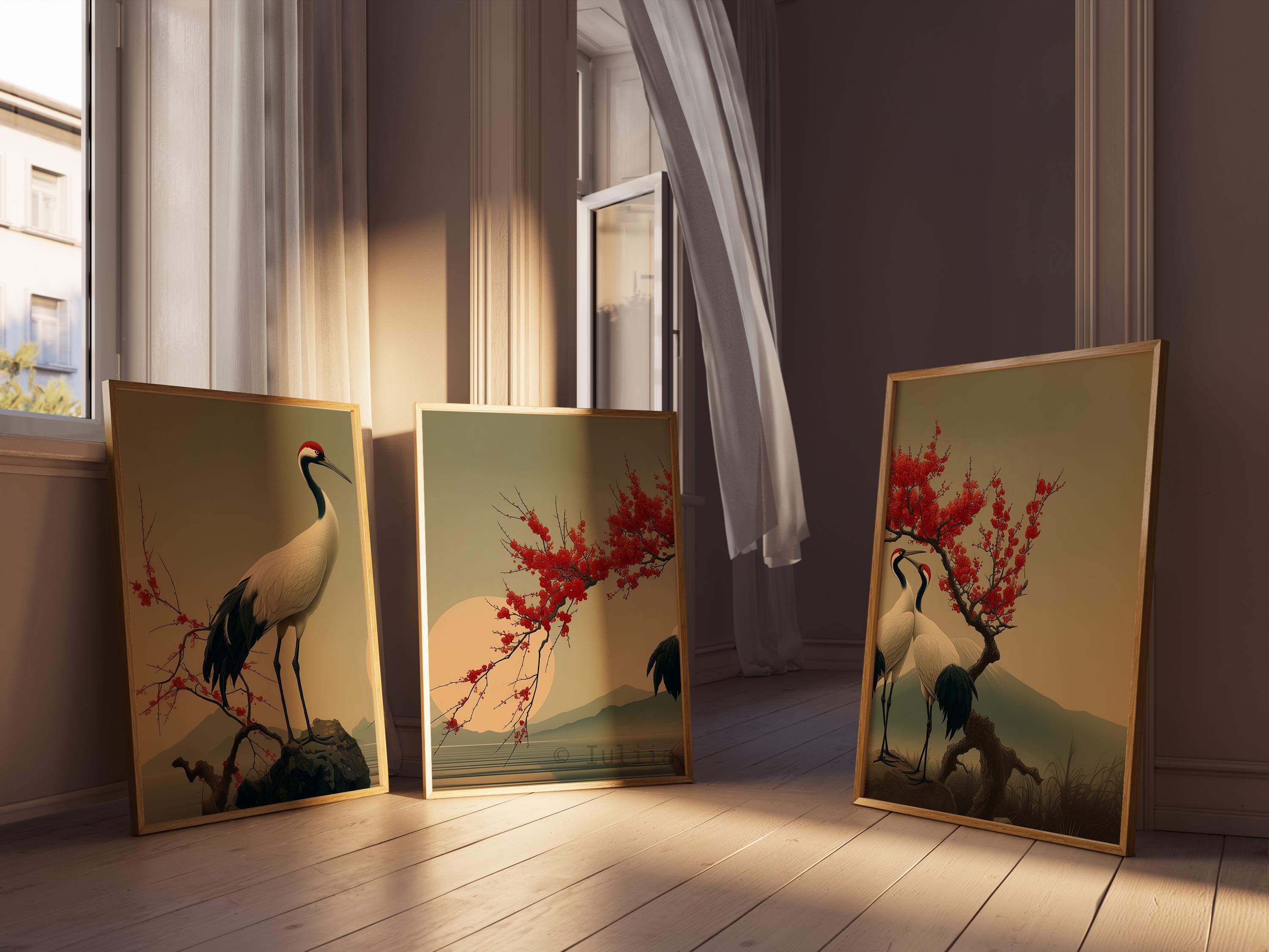 Japanese Crane Triptych Wall Art Set – Chinese Bird Three Panel Print ...