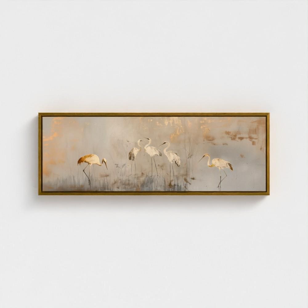 Panoramic Japanese Crane Wall Art, Beige & Gold Horizontal Long