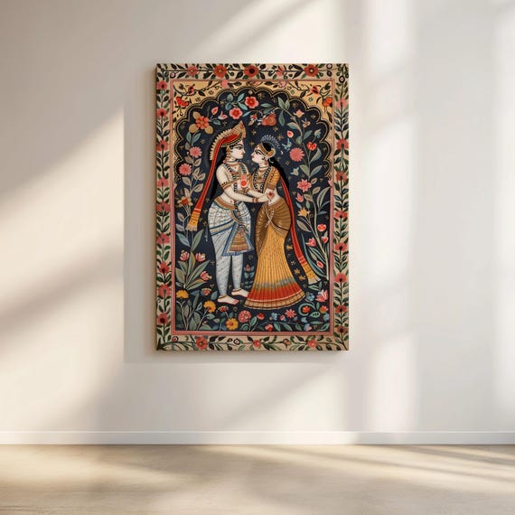Radha Krishna Canvas Wall Art, Madhubani Inspired Indian God Art, Large Floral Hindu Decor