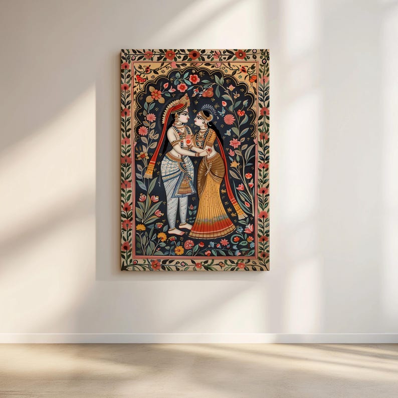 Radha Krishna canvas art with colorful floral border and detailed Madhubani inspired Indian folk design