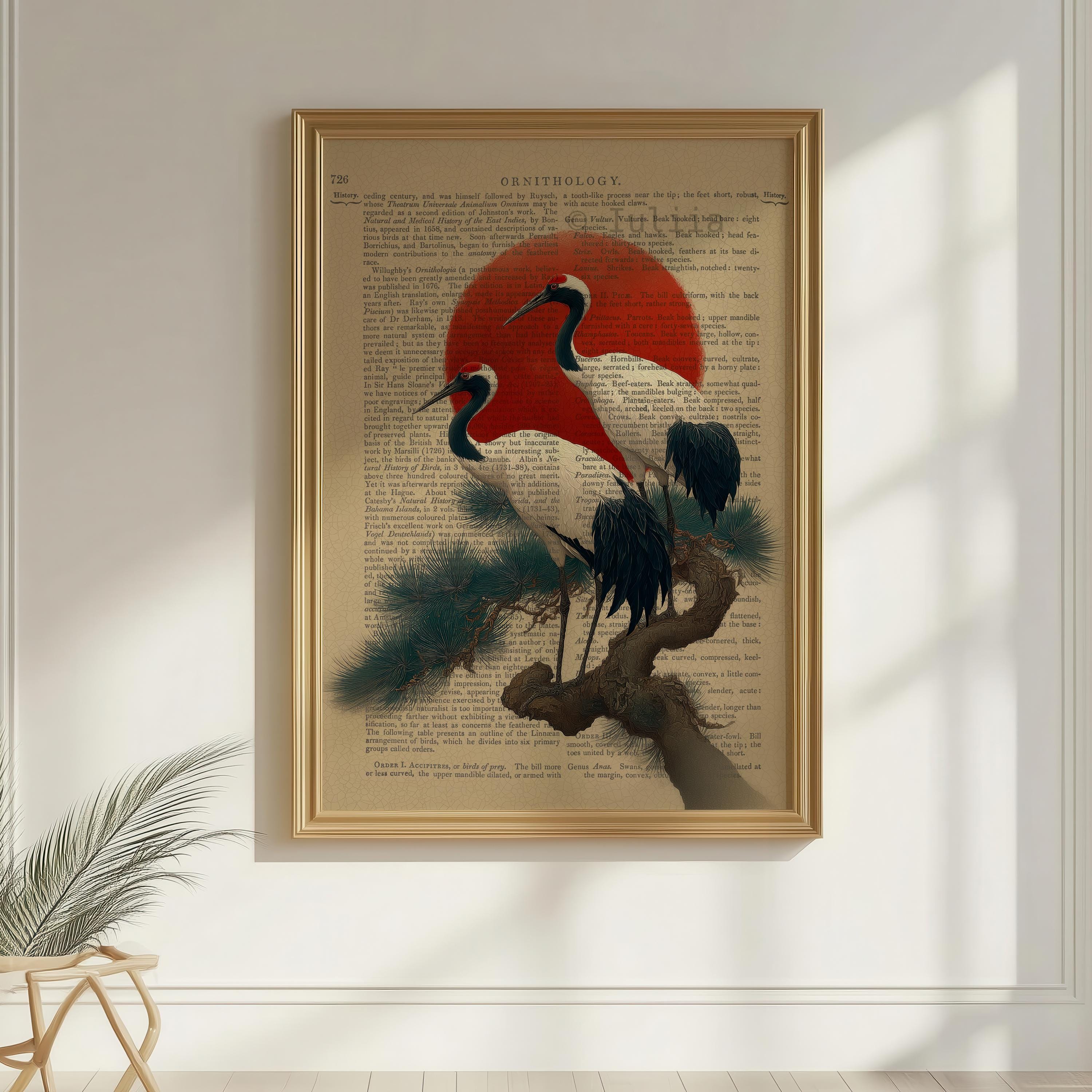 Wabi Sabi Japanese Red Sun Crane Art Print, Vintage Book Page