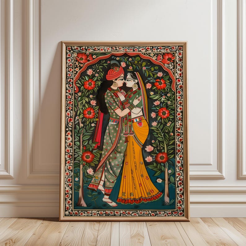 Radha Krishna Painting Style Poster, Traditional Madhubani Print Wall Art, Great Hindu God Themed Gifts & Cultural Home Decor Enhancement, Image 8