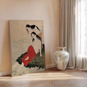The Awabi Fishers by Kitagawa Utamaro Canvas Print, Edo Period 1st Part of Triptych of Woodblock Prints, Japanese Ukiyo-e Artwork Wall Decor