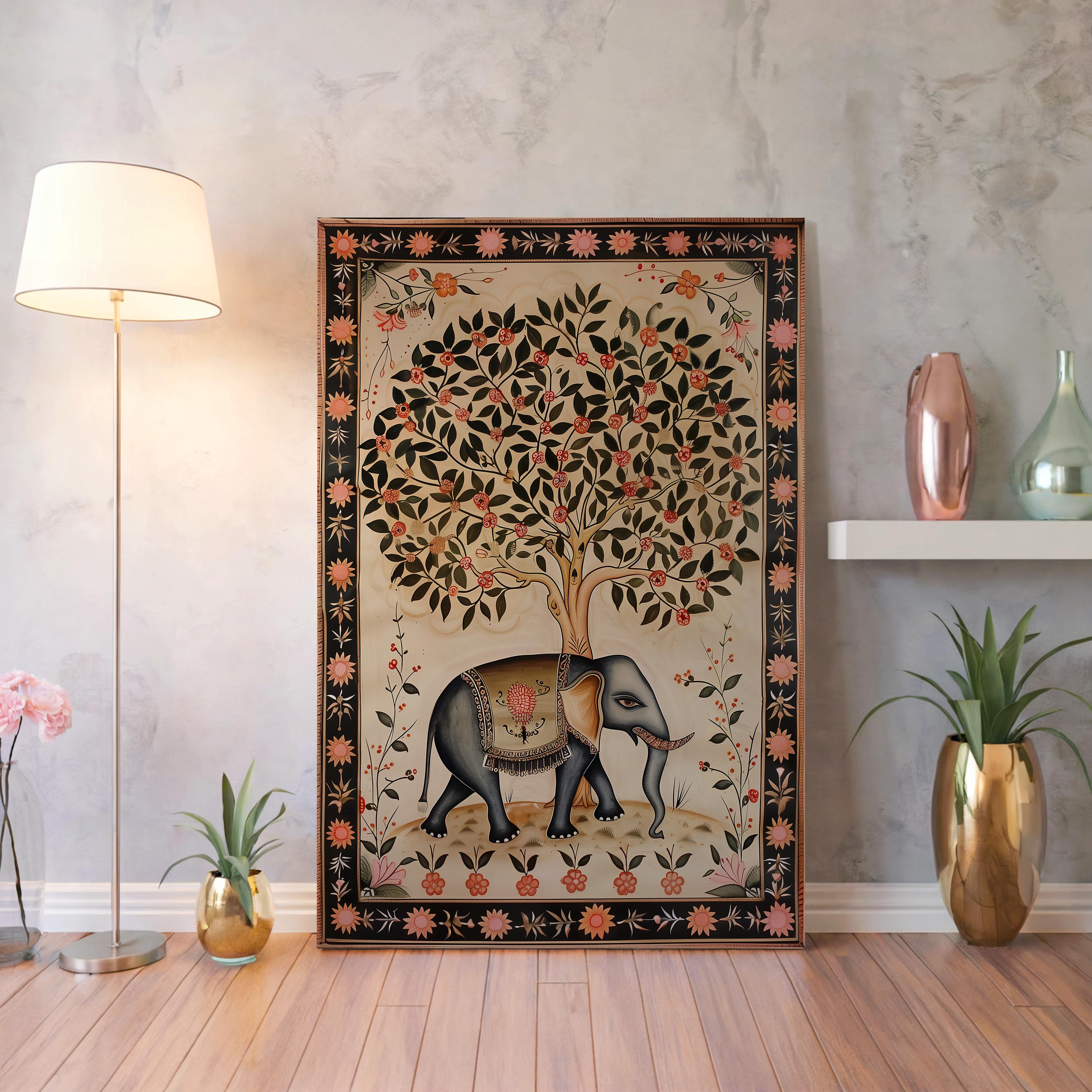 Beige and Black Indian Elephant Canvas – Traditional Madhubani Folk Art ...