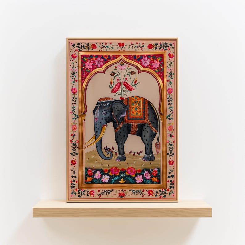 Pink and Beige Indian Elephant Print, Vibrant Madhubani Art Wall Decor ...