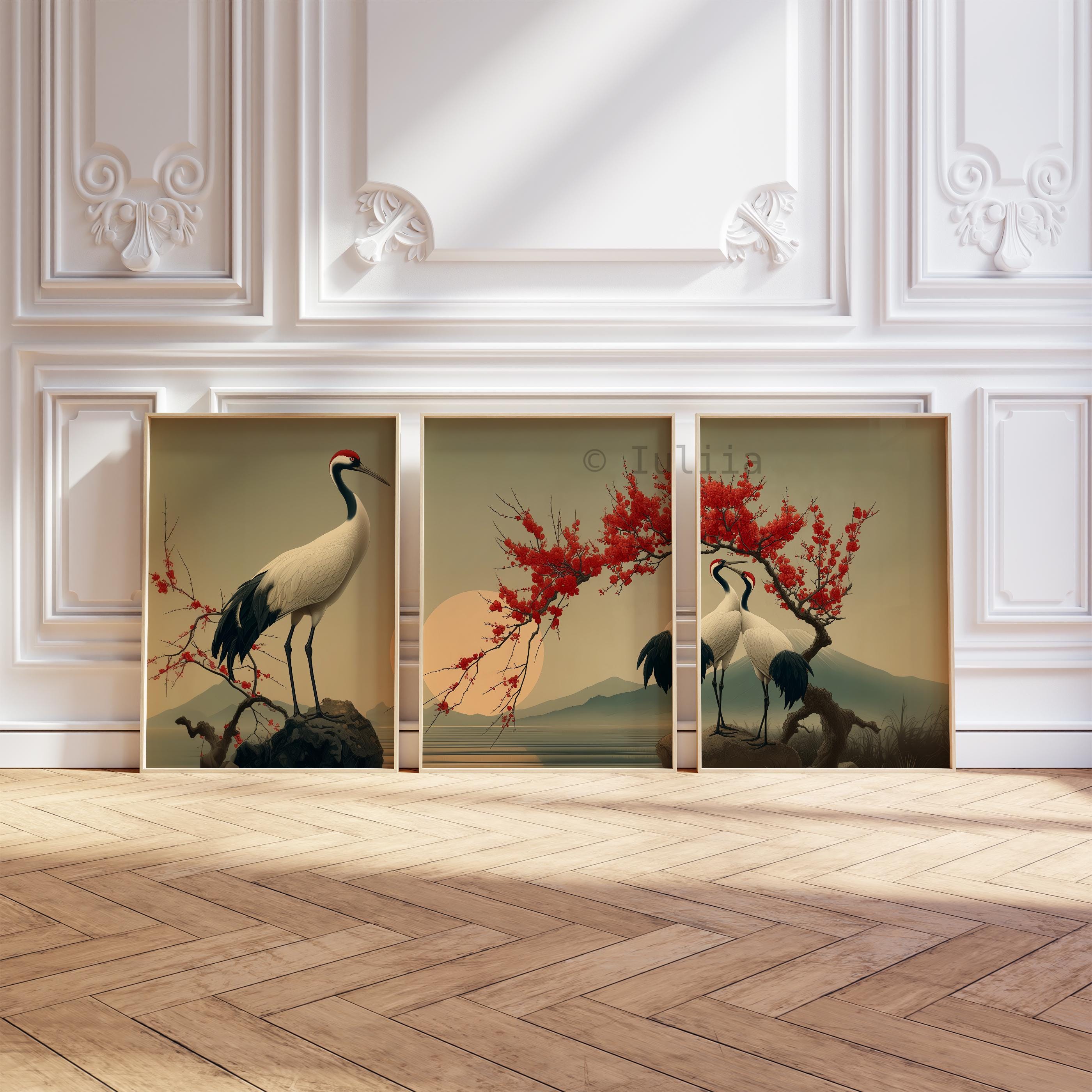 Japanese Crane Triptych Wall Art Set – Chinese Bird Three Panel Print ...
