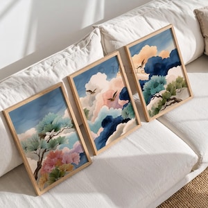 Japanese Cloud Wall Art Set of 3 – Crane and Pine Tree Triptych, Dreamy Sky Print, Asian Nature Bird Wall Decor for Bedroom or Living Room