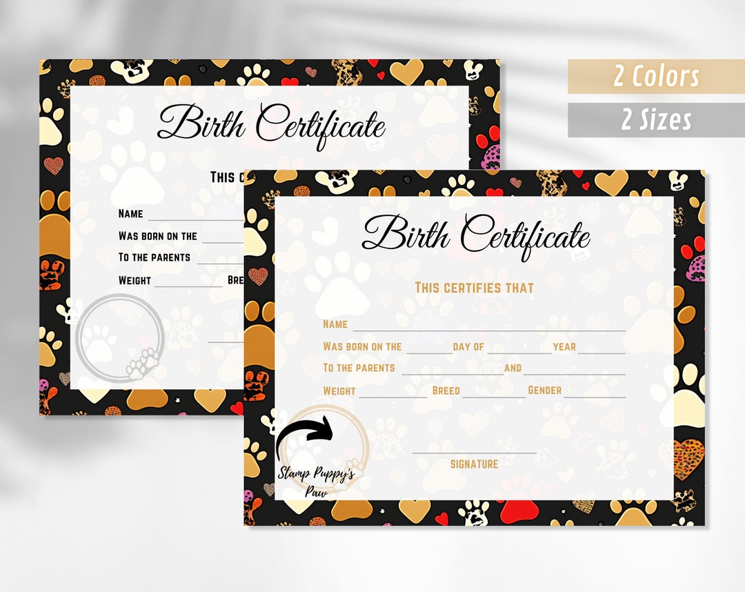 Puppy Birth Certificate Printable, Dog Birth Certificate, Pet Birth