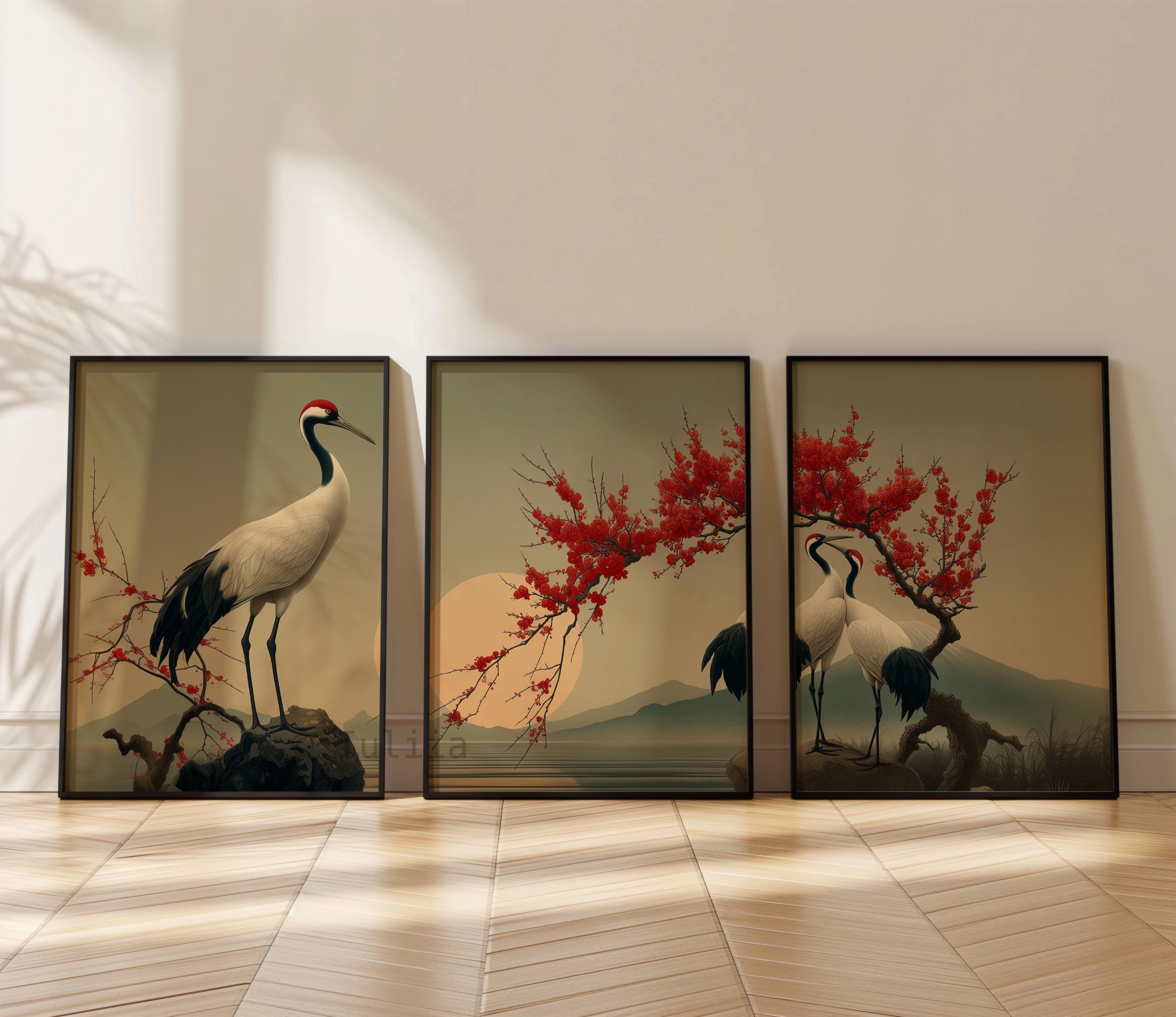Japanese Crane Triptych Wall Art Set – Chinese Bird Three Panel Print ...